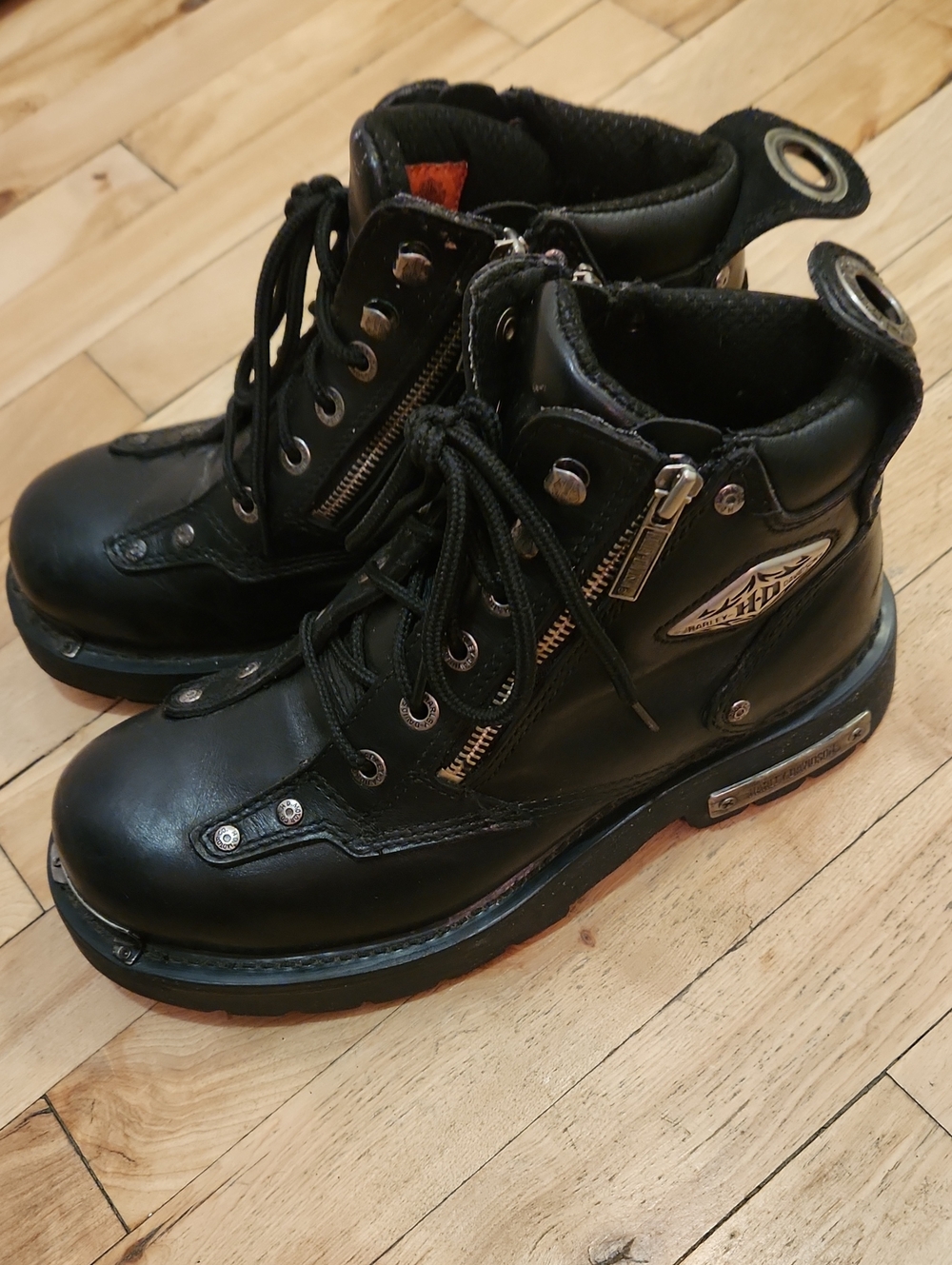 Harley-Davidson Black Leather Lace-Up Moto Ankle Boots with Side Zipper